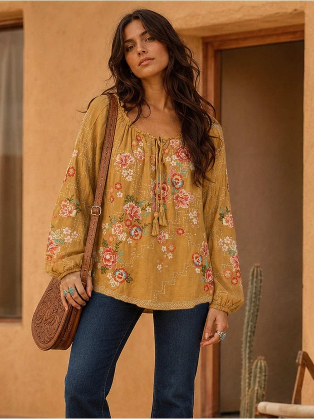 Savanna Jane Small Mustard Floral Embroidered Boho Peasant Blouse